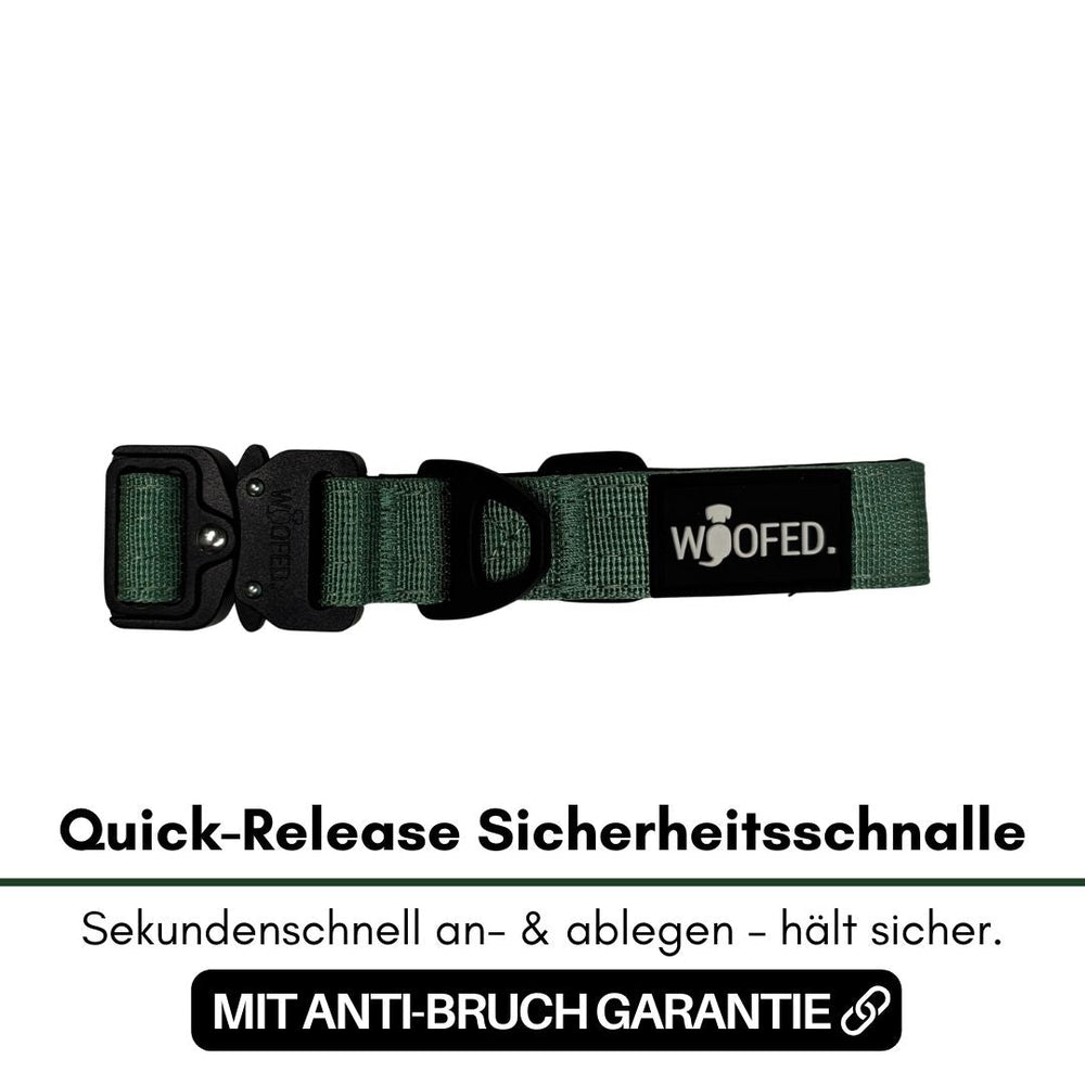 Ultraleichtes Nylon Halsband mit schneller Schnalle in Dunkelgrün und schwarzem Logo, ideal für Hunde.