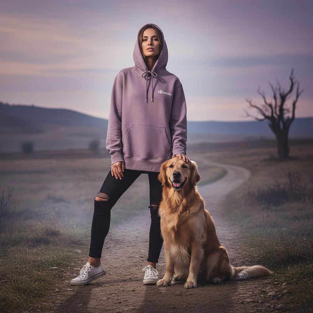 Hoodie Unisex "Dogmom" in Flieder, Frau mit Golden Retriever in ländlicher Umgebung bei Dämmerung. Stylish und bequem für Hun