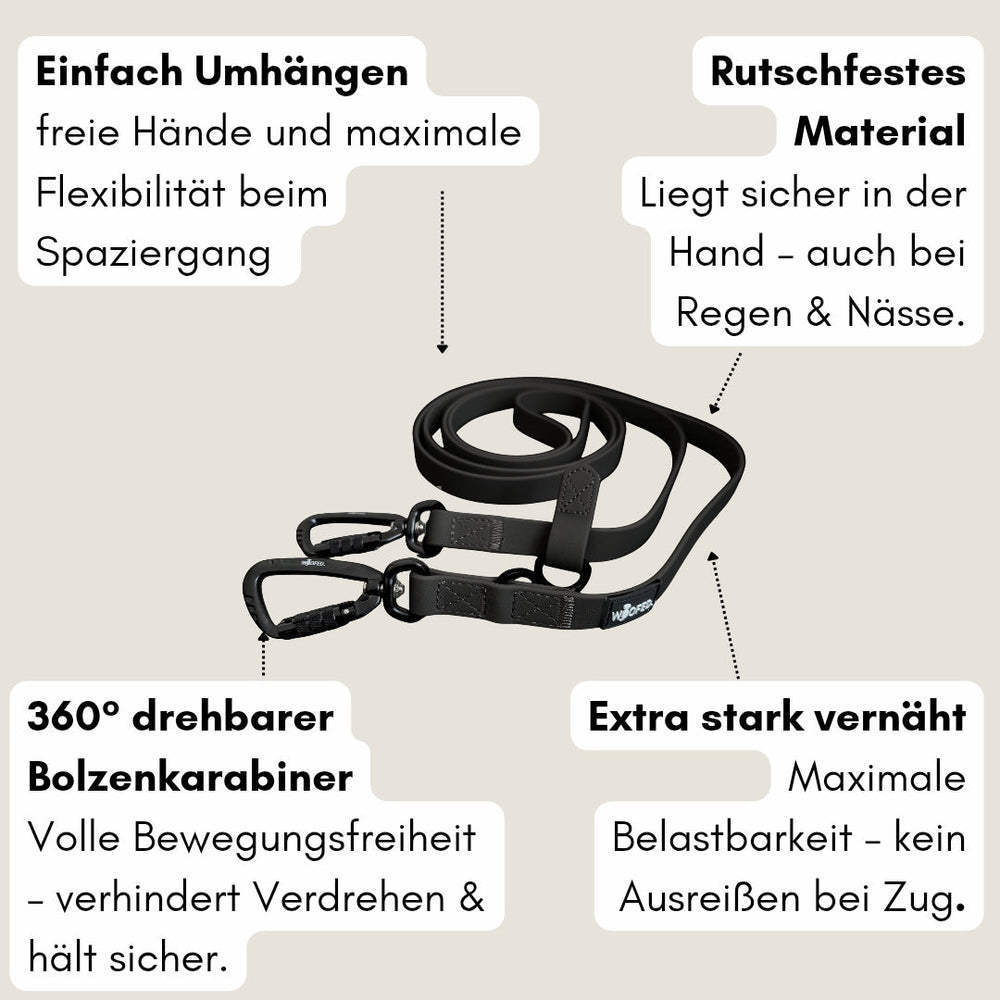Umhängeleine WOOFLEX® Pro aus rutschfestem Material mit 360° drehbarem Karabiner für optimale Bewegungsfreiheit.