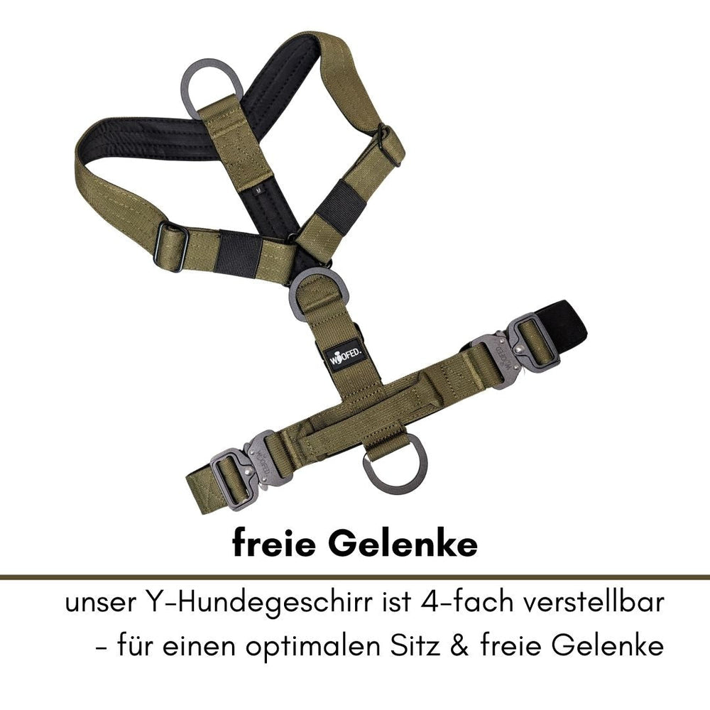 Olivgrünes Y-Hundegeschirr mit Griff, verstellbaren Riemen und strapazierfähigem Material für optimalen Sitz und Komfort.