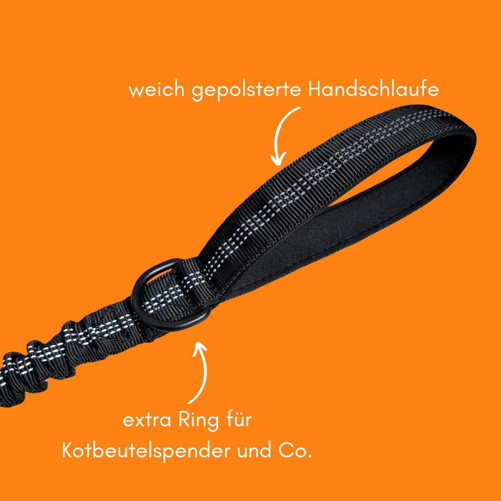 Jogging- und Wanderleine mit gepolsterter Handschlaufe und praktischem Ring für Kotbeutelspender in Schwarz.