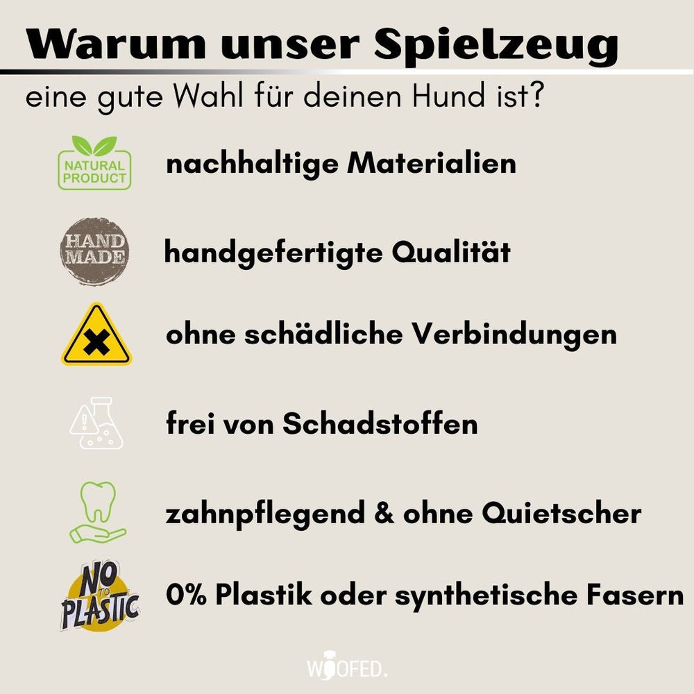 Nachhaltiges Hundespielzeug Knochen Kurt mit Seil aus natürlichen Materialien, handgefertigt, sicher und zahnpflegend für Hun
