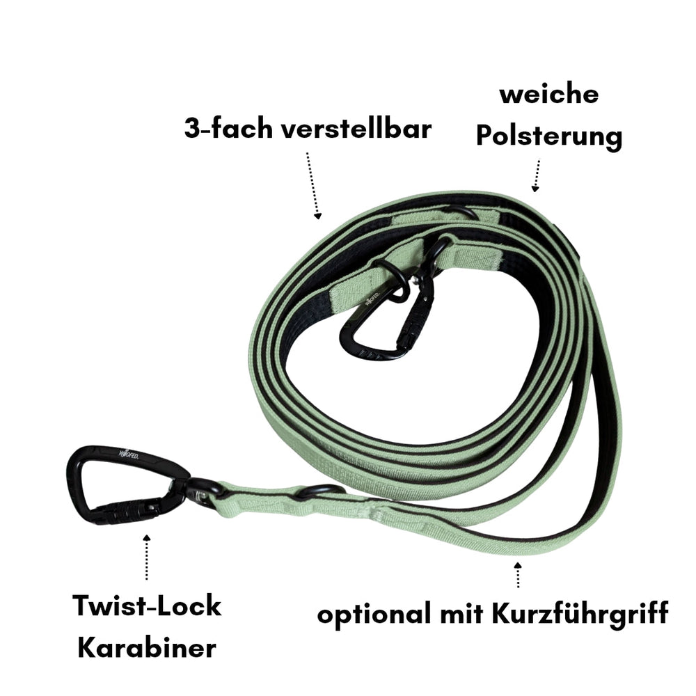Verstellbare Hundeleine aus Nylon mit komfortabler Polsterung und sicheren Twist-Lock Karabinern für optimalen Halt.