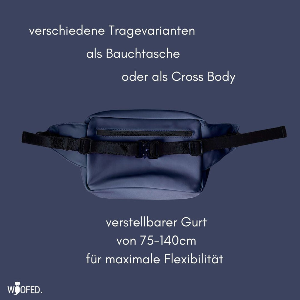 Multifunktionale Gassitasche als Bauchtasche oder Schultertasche mit verstellbarem Gurt von 75 bis 140 cm.