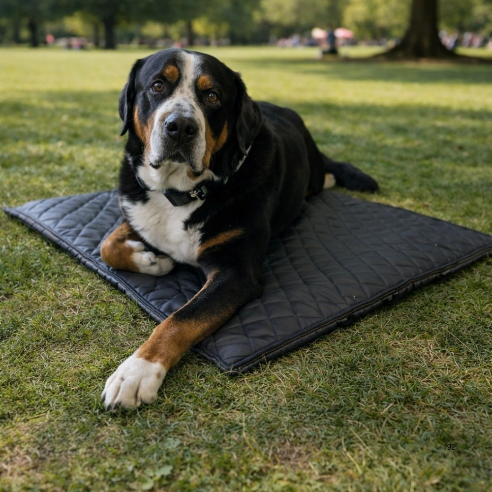 Entspannter Hund auf schwarzer Reisedecke im Park, umgeben von Menschen und Bäumen.