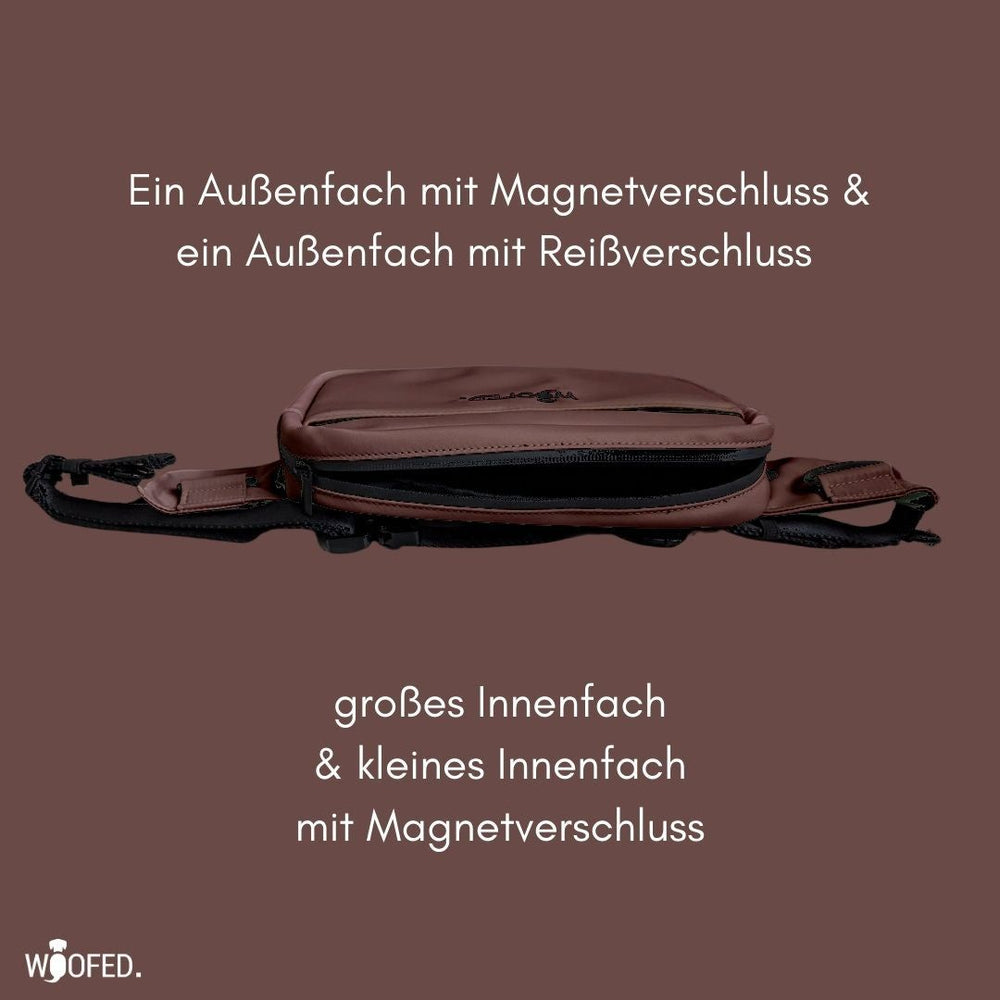 Braune multifunktionale Gassitasche mit Magnetverschluss und Reißverschluss, ideal als Bauchtasche oder Schultertasche.