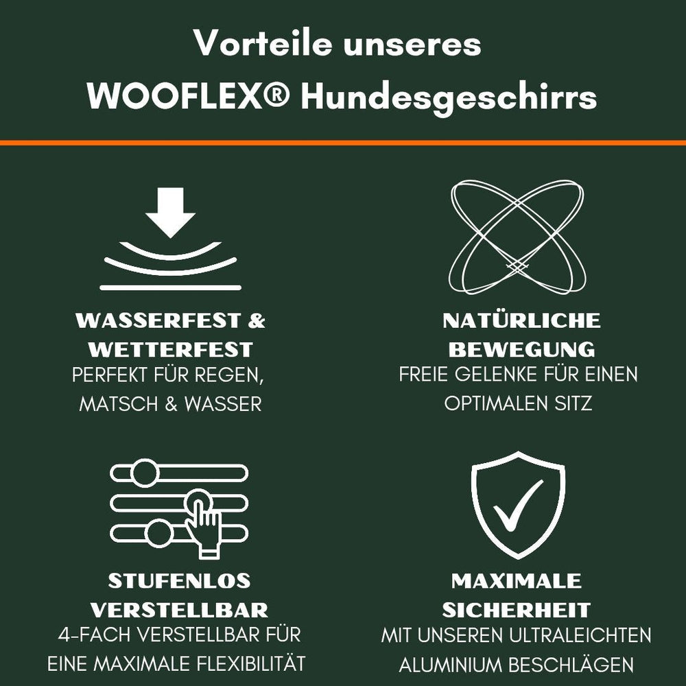 WOOFLEX® Hundegeschirr: wasserfest, gelenkschonend, mit Griff für mehr Kontrolle und Komfort bei ausgedehnten Spaziergängen.