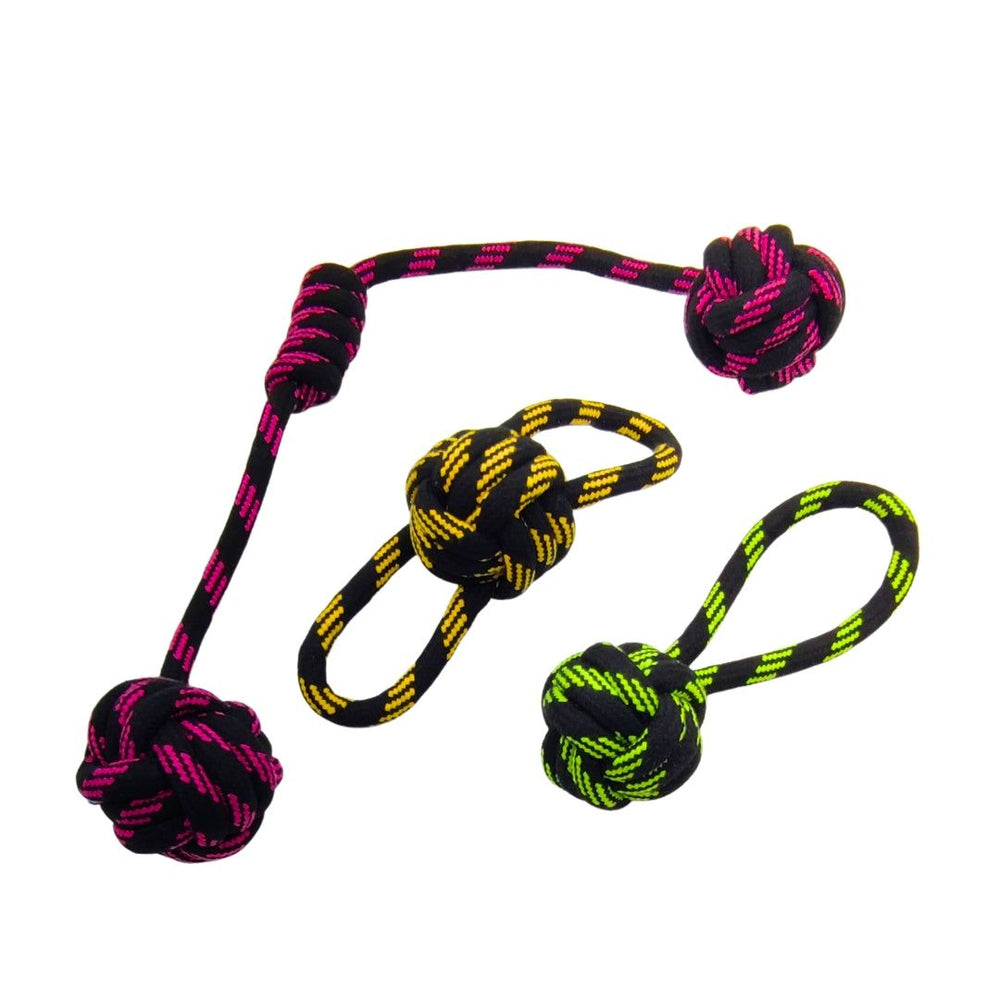 Bunte Hundespielzeuge aus geflochtenem Seil in Knotenform und Schlaufe, ideal zum Spielen und Kauen für Hunde.