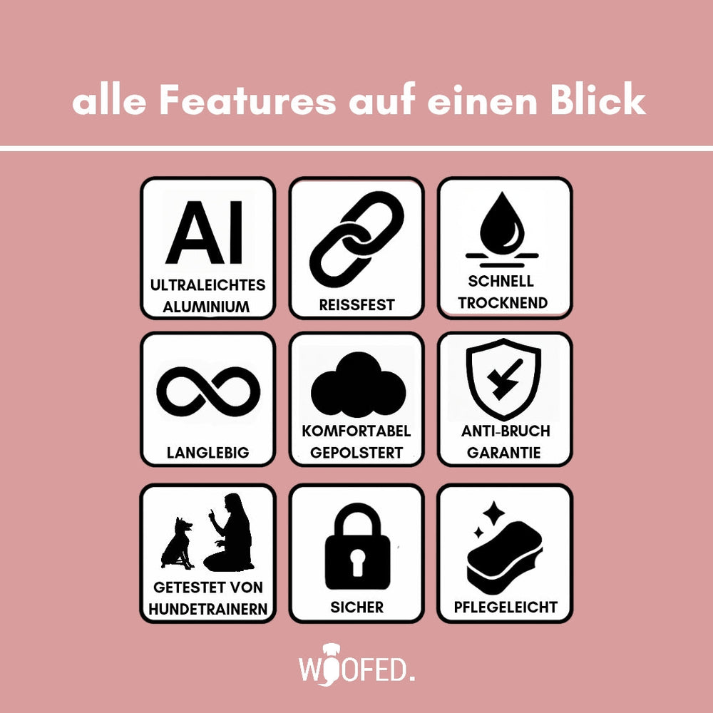 Ultraleichtes Nylon Halsband-Leine-Set mit Symbolen zu Eigenschaften wie Reißfestigkeit und schnellem Trocknen.