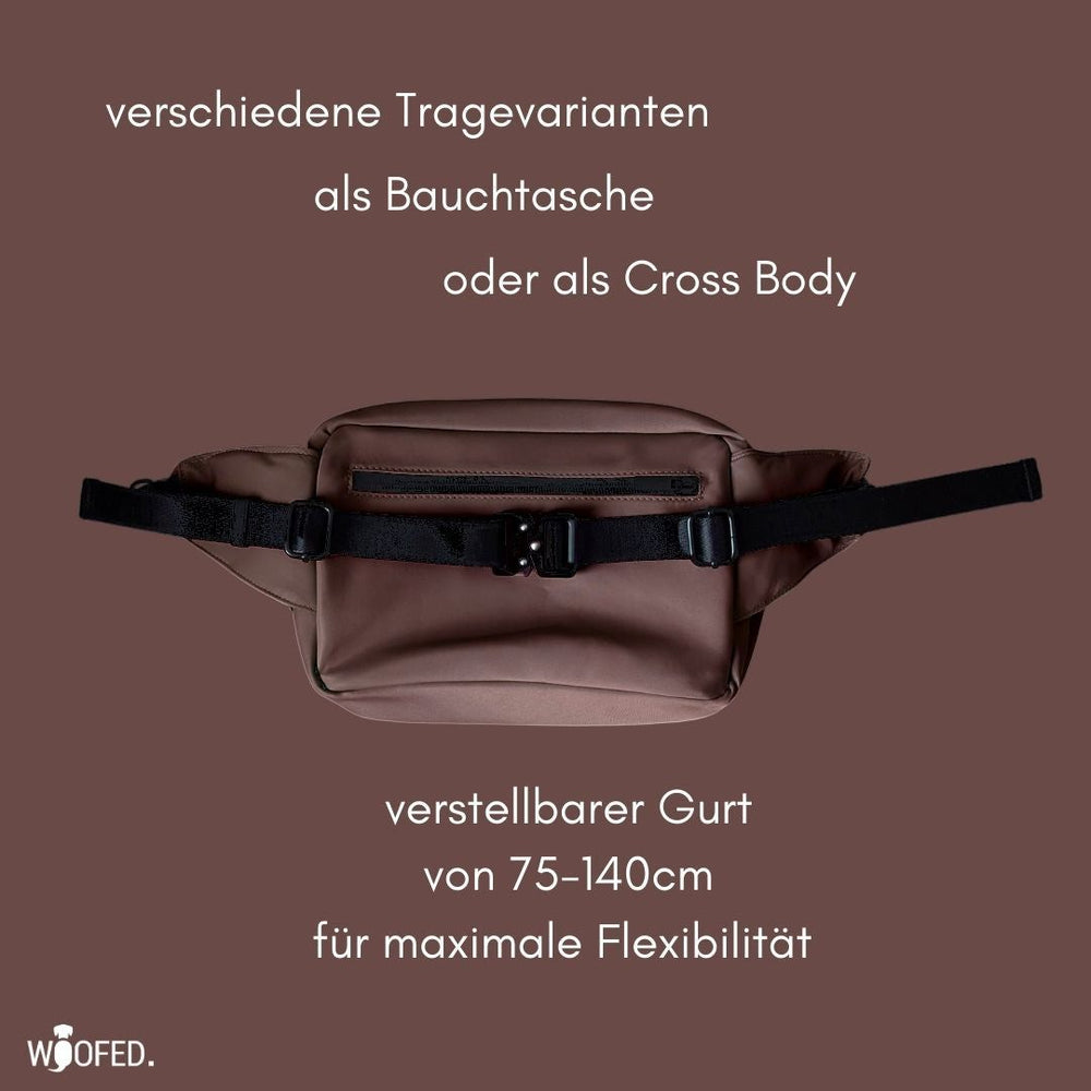 Braune multifunktionale Gassitasche als Bauchtasche oder Schultertasche mit verstellbarem Gurt von 75 cm bis 140 cm.
