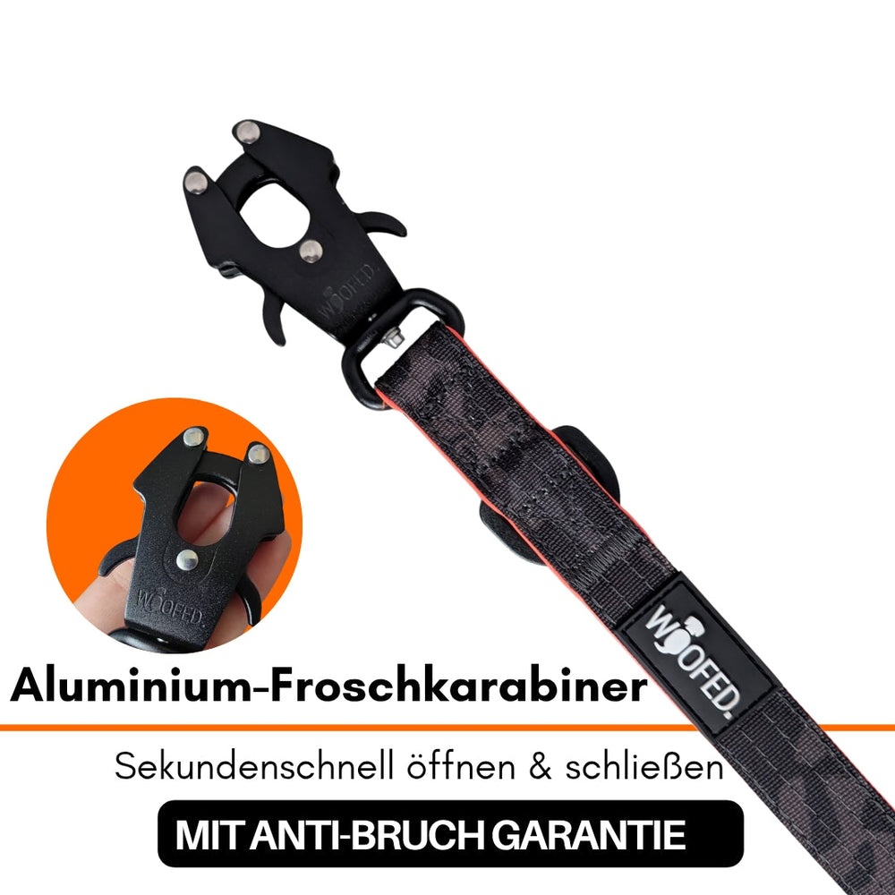 "Aluminium-Froschkarabiner mit stabilem Griff und WOFED-Logo für schnellere Öffnung und Schließung."