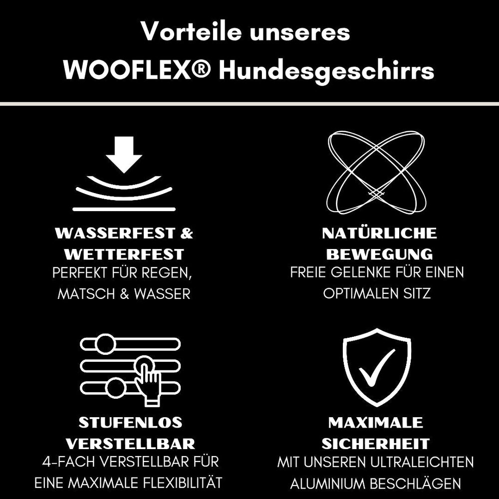 "WOOFLEX® Hundegeschirr mit Griff: wetterfest, für natürliche Bewegungen, ideal bei Regen und Matsch."