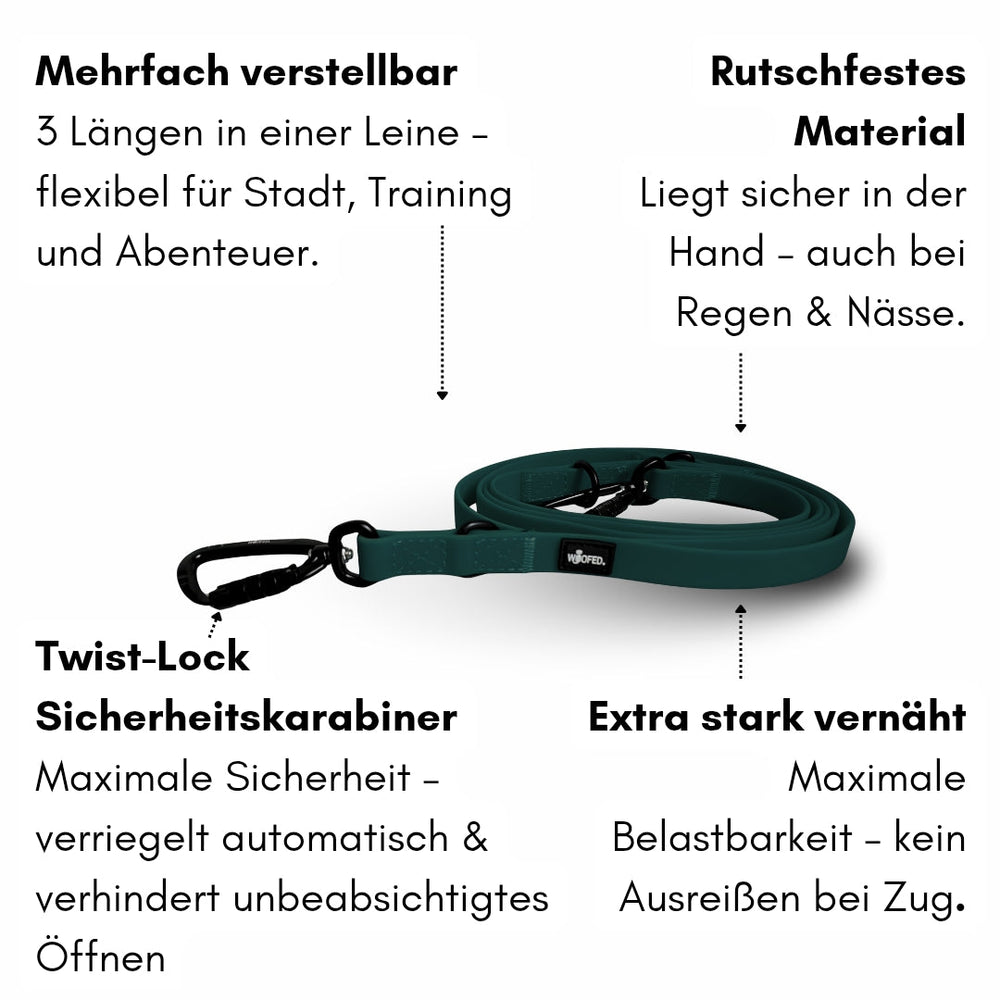 Verstellbare WOOFLEX® Pro Hundeleine in tiefem Grün mit drei Längenoptionen und Sicherheitskarabiner.