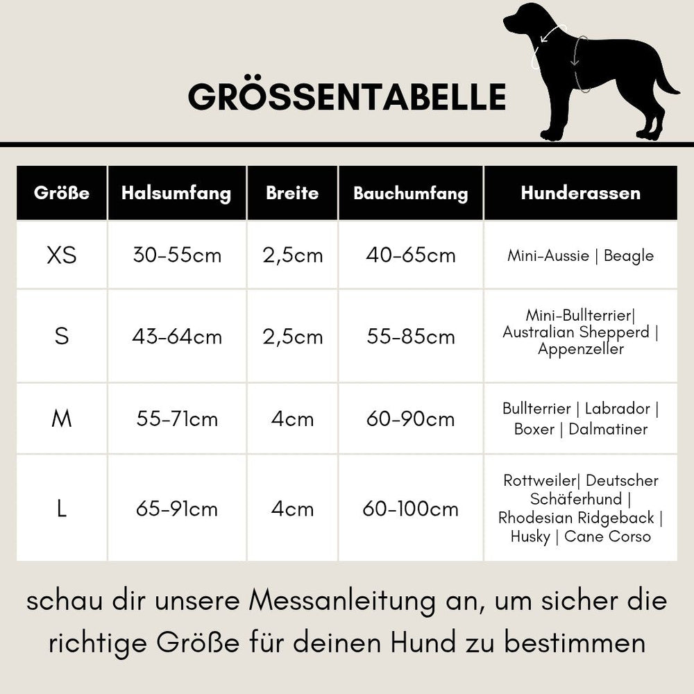 Größentabelle für das Y-Hundegeschirr WOOFLEX® mit Hals- und Bauchumfang für verschiedene Hunderassen.