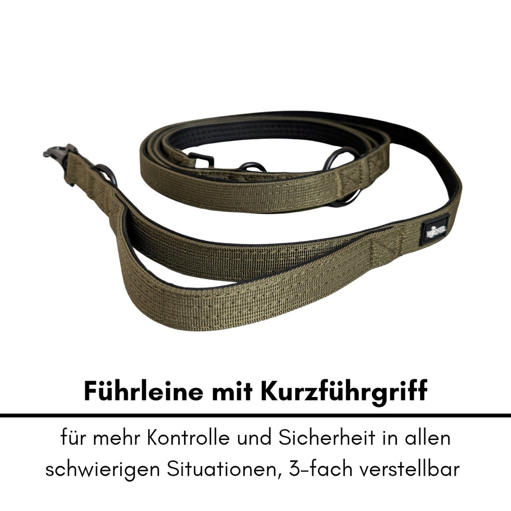 Dreifach verstellbare grüne Nylon Classic Führleine mit Kurzführgriff für optimale Kontrolle und Sicherheit.