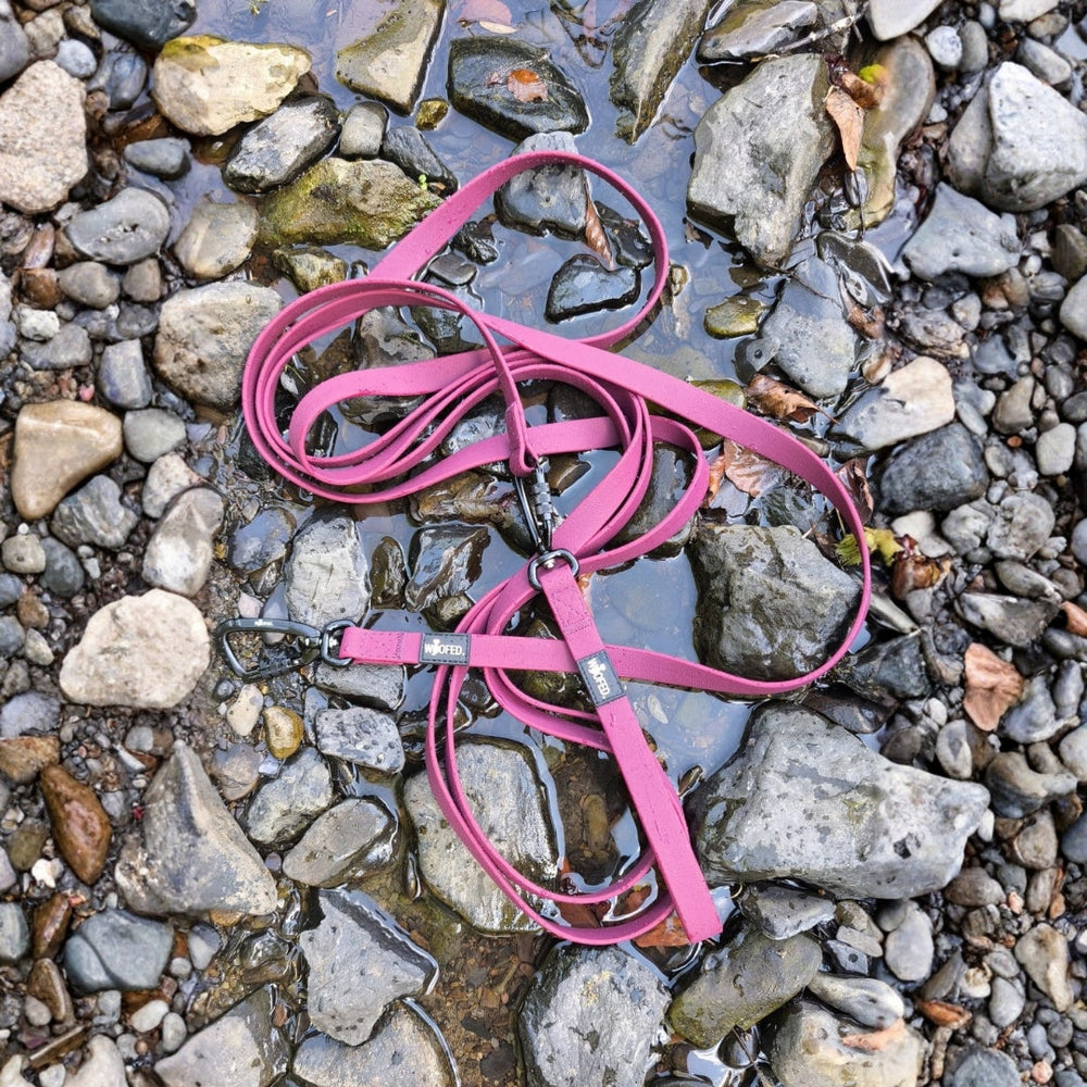 Pinke multifunktionale Hundeleine WOOFLEX® liegt auf Kieselsteinen und zeigt robuste Qualität und Komfort.