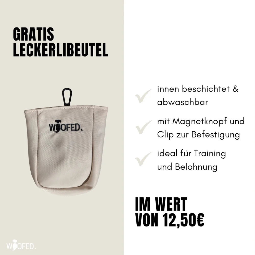 Beige multifunktionale Gassitasche als Bauchtasche und Schultertasche für Hundetraining und Belohnungen.