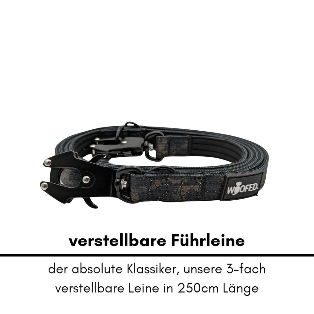 Verstellbare schwarze Nylon Führleine 250 cm mit gepolstertem Griff und stabiler Karabinerhaken für Hunde.