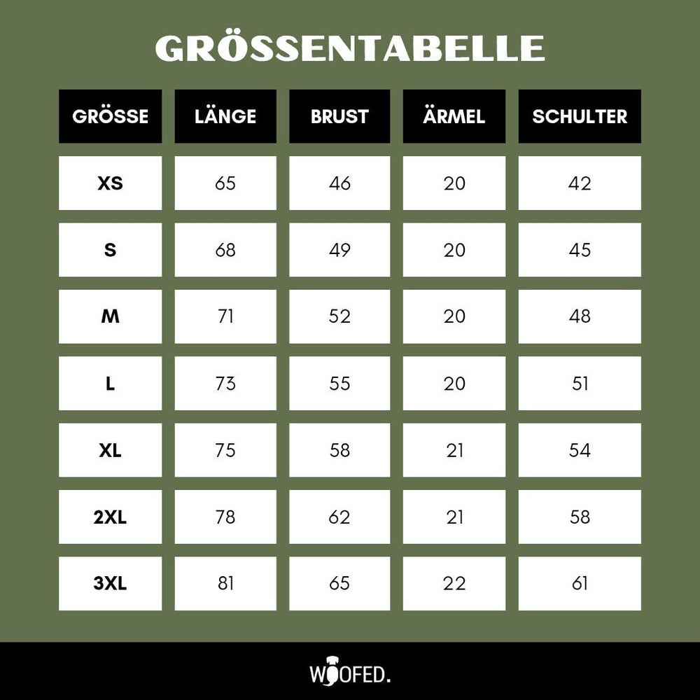 Größentabelle für Unisex T-Shirt "Life is better with dogs" mit Maßen von XS bis 3XL auf grünem Hintergrund.
