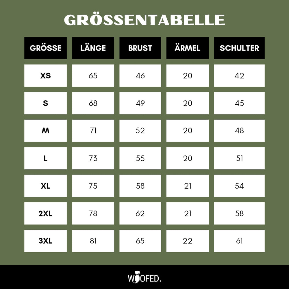 Größentabelle für Unisex T-Shirt "Life is better with dogs" mit Maßen von XS bis 3XL auf grünem Hintergrund.