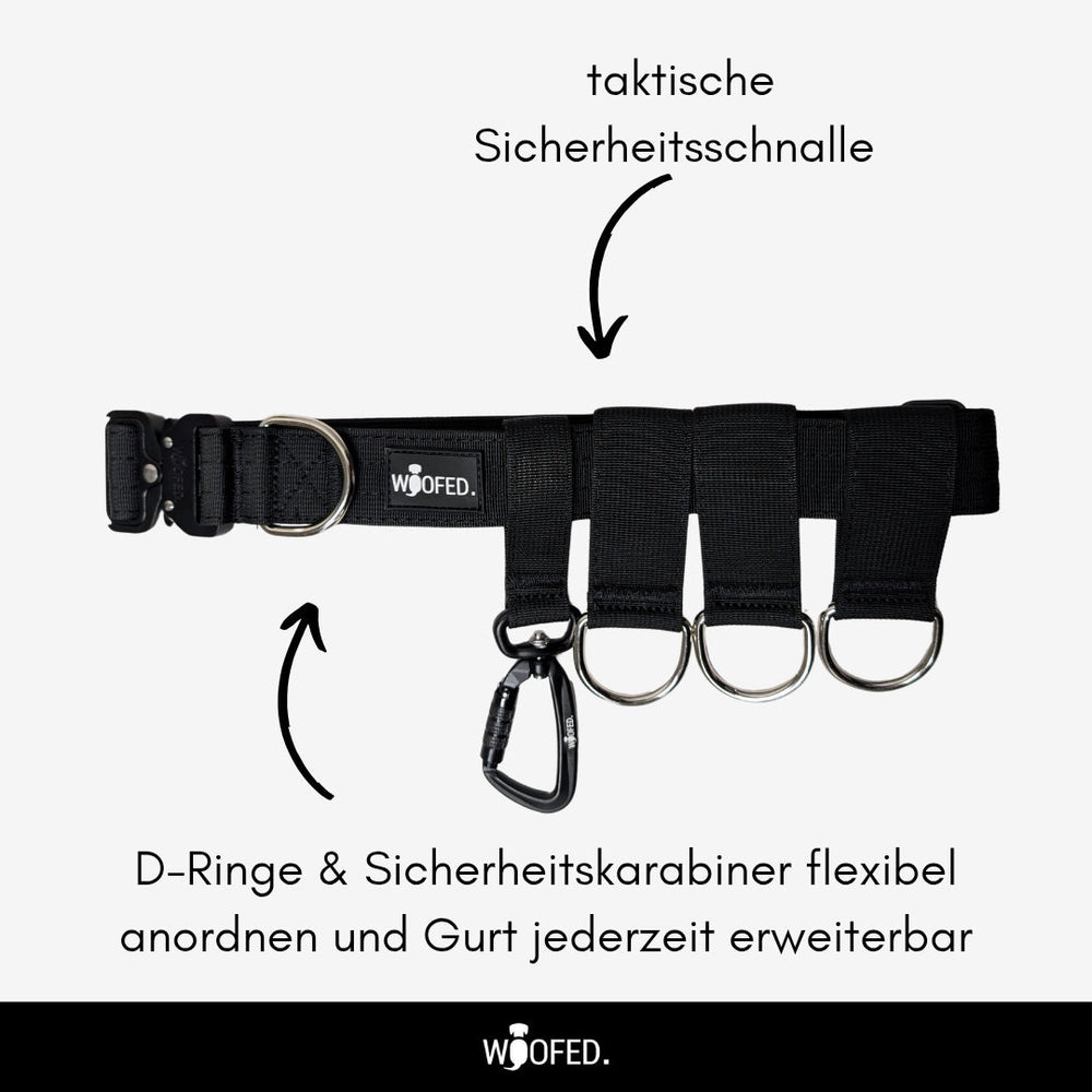 Gassigürtel Joggingleine Bundle in Schwarz mit D-Ringen und Karabiner für komfortables Gassigehen und Joggen mit Hund.