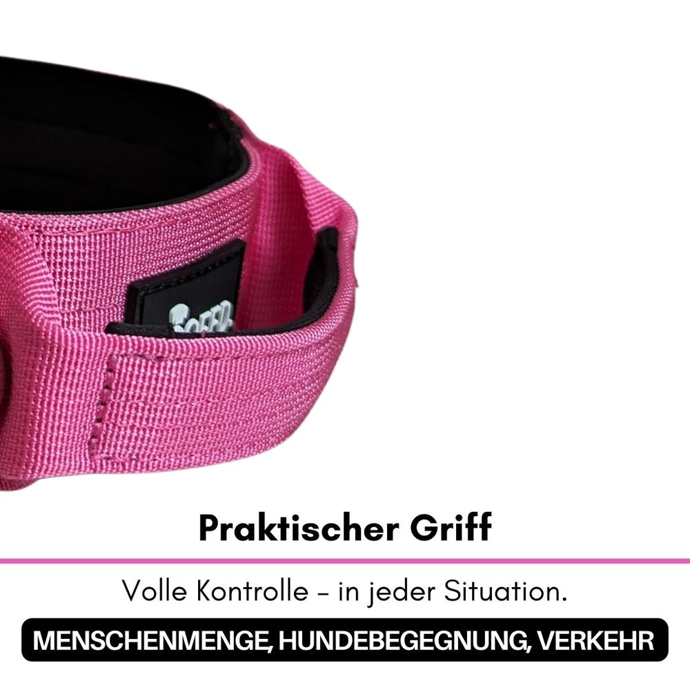 Praktischer pinker Griff für kleine Hunde, aus robustem Nylon mit Aluverschluss für optimale Kontrolle in allen Situationen.