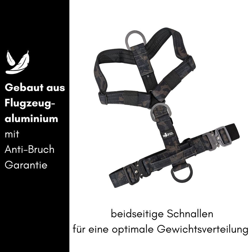 Robustes Y-Hundegeschirr aus Flugzeug-Aluminium mit Griff, Anti-Bruch-Garantie und praktischem Camouflage-Design.