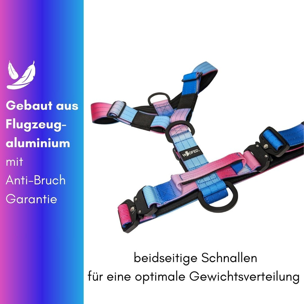 Farbenfrohes Y-Hundegeschirr aus Flugzeug-Aluminium mit Griff und beidseitigen Schnallen für optimale Gewichtsverteilung.