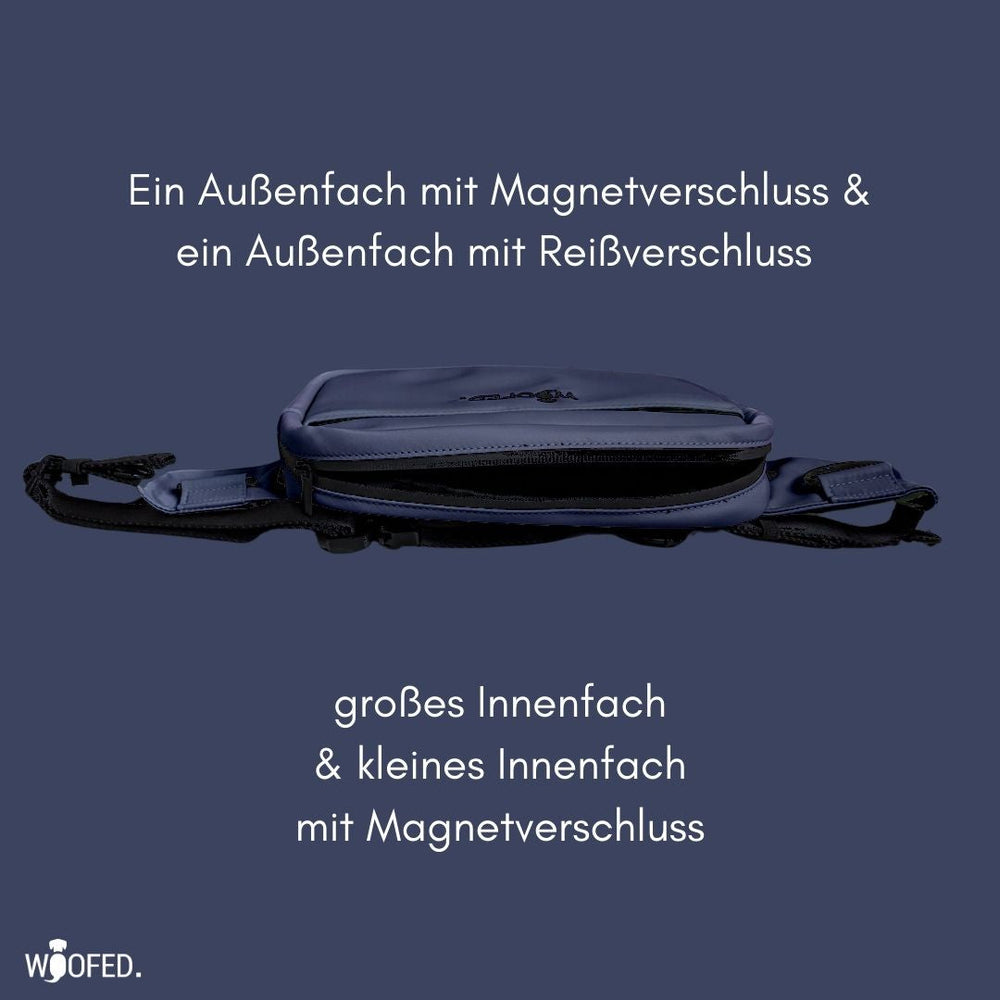 Multifunktionale Gassitasche in Dunkelblau, 2-in-1 Bauchtasche und Schultertasche mit mehreren Fächern für optimale Organisation.