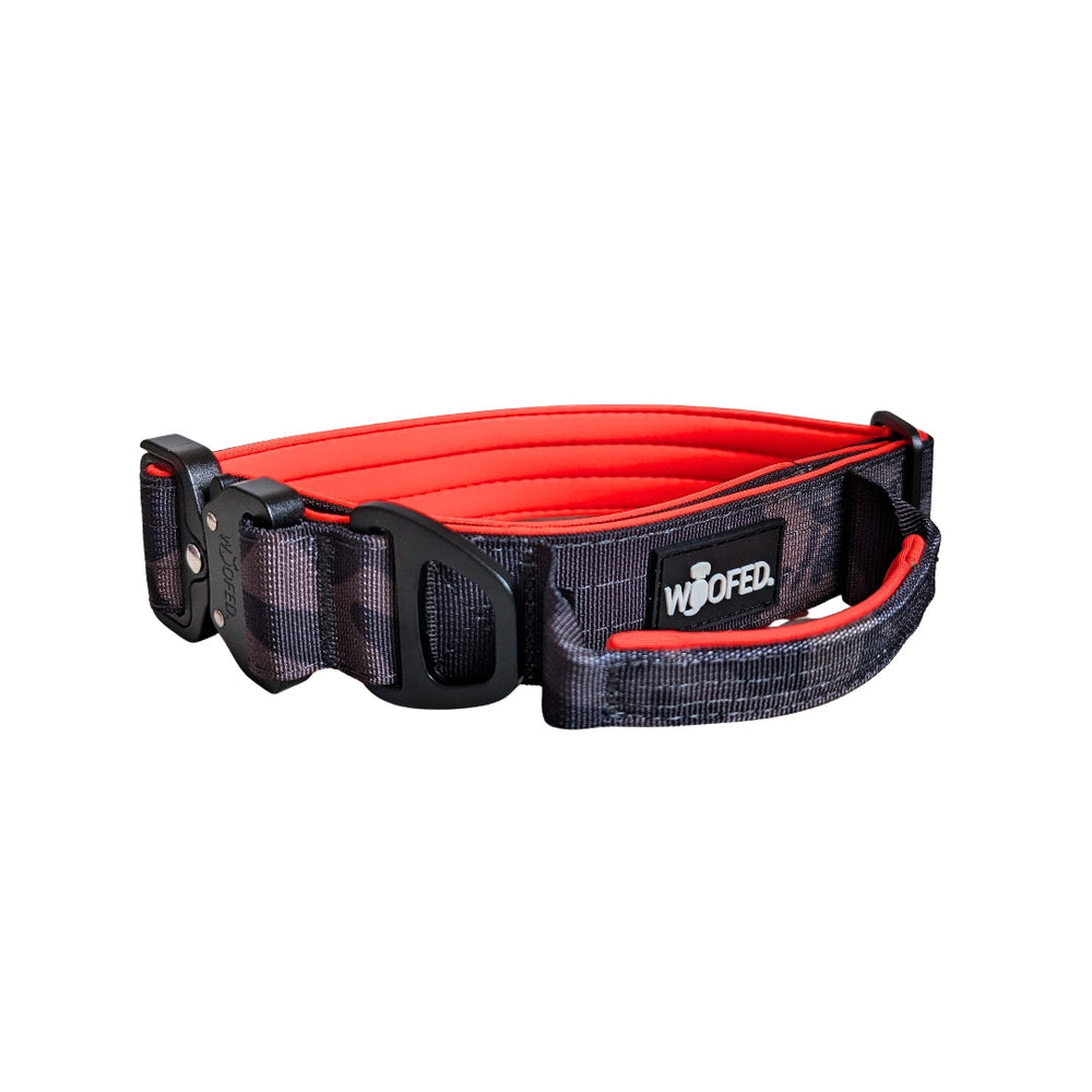 Ultraleichtes Nylon-Halsband mit Griff in Schwarz und roten Akzenten, gepolstert und verstellbar für maximalen Komfort.