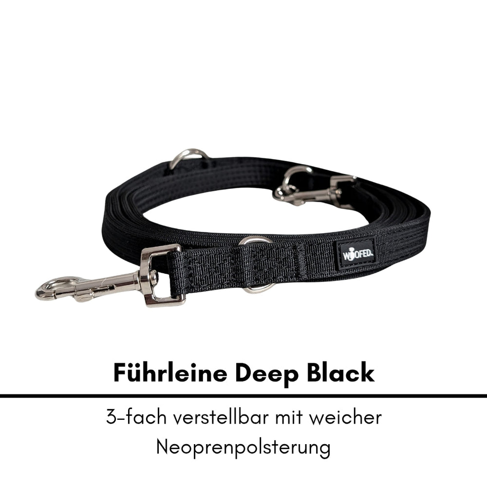Schwarze Nylon Classic Führleine von Woofed mit verstellbaren Längen und Neoprenpolster für optimalen Komfort.