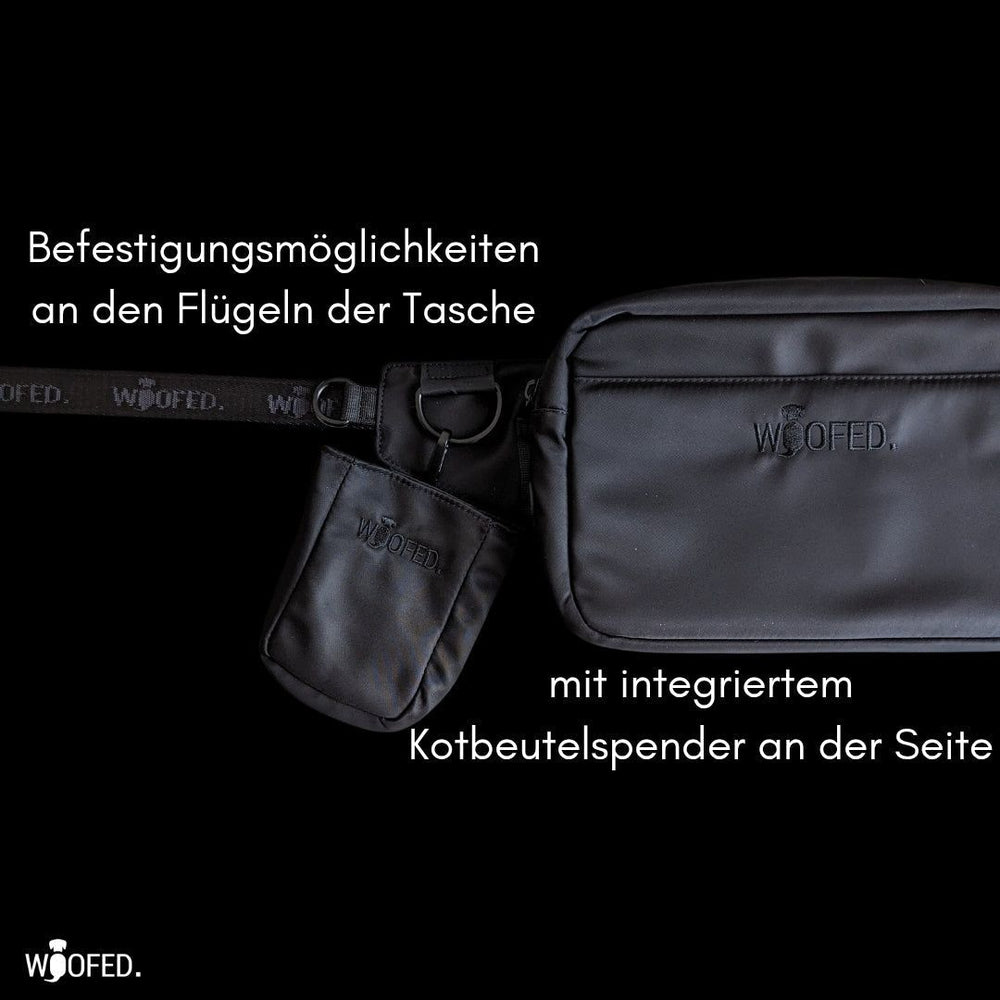 Multifunktionale Gassitasche von WOOFED in Schwarz mit Kotbeutelspender und praktischen Befestigungsmöglichkeiten für Hundebe
