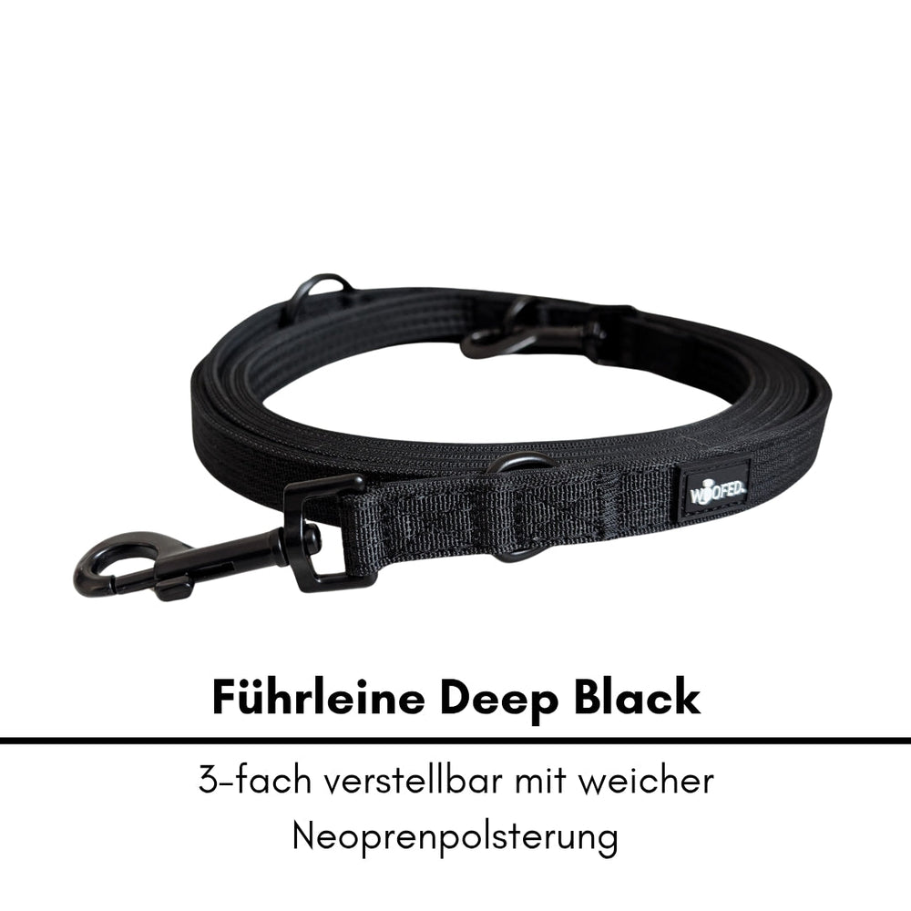 Schwarze Nylon Classic Führleine "Deep Black", dreifach verstellbar mit Neoprenpolster und Karabinerhaken.
