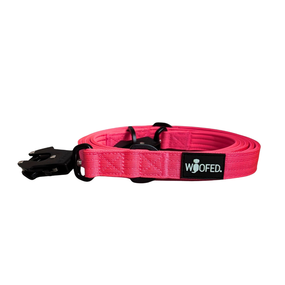 Pinke Hundeleine aus strapazierfähigem Nylon mit Froschkarabiner und schwarzer "WOOFED"-Tasche für optimalen Komfort.