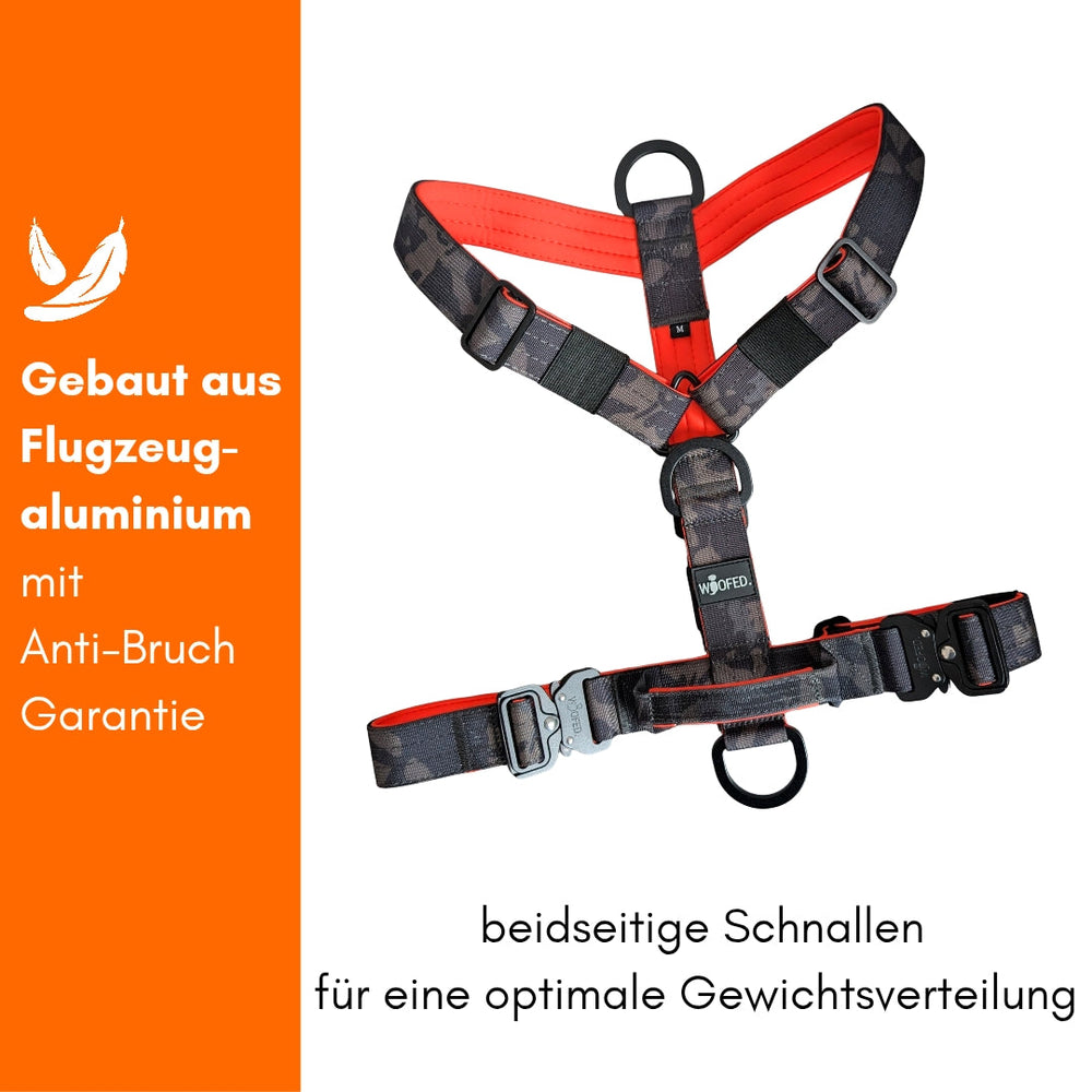 Y-Hundegeschirr aus Aluminium mit Griff und Anti-Bruch-Garantie für optimale Gewichtsverteilung in stylischem Design.