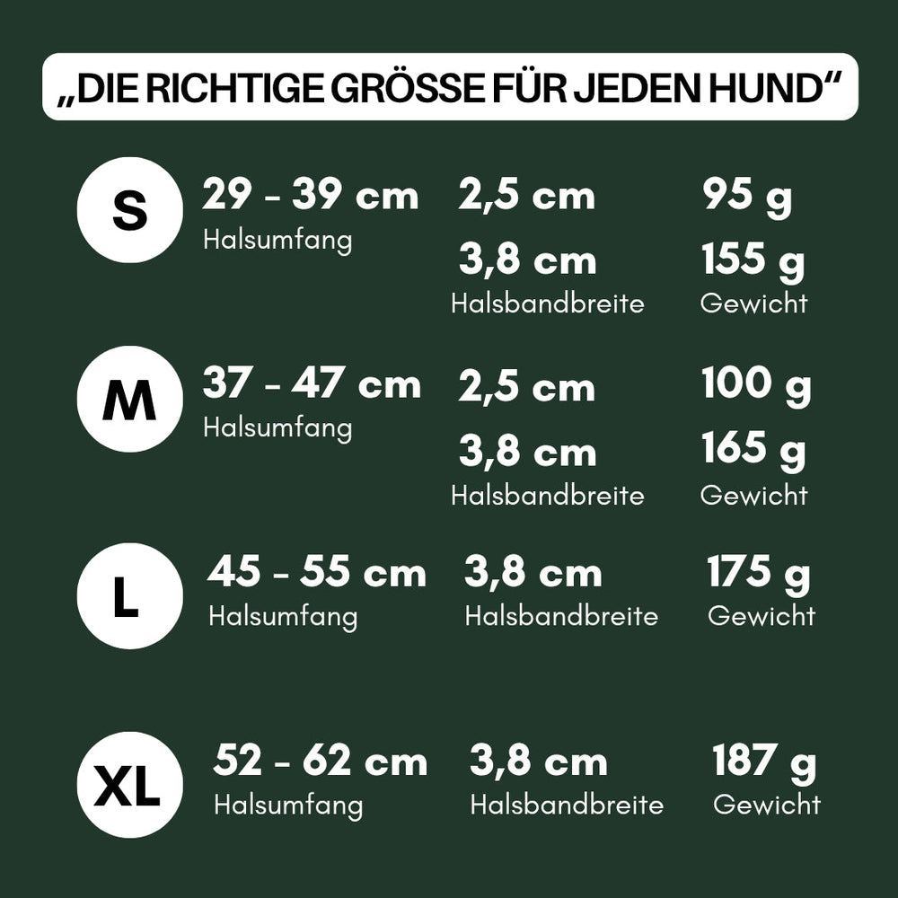 Größentabelle für verstellbare Hundehalsbänder WOOFLEX® Classic mit Angaben zu Größen und Maßen.