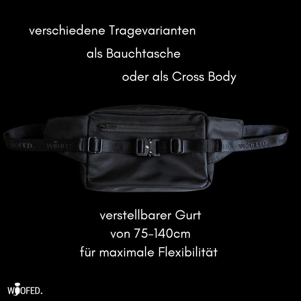 Multifunktionale Gassitasche in Schwarz, tragbar als Bauchtasche oder Crossbody, verstellbarer Gurt von 75 bis 140 cm.