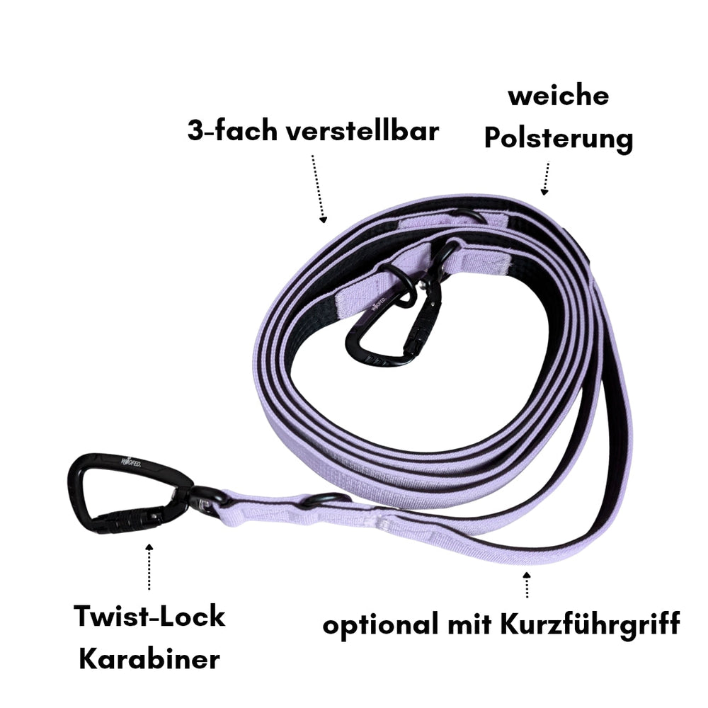 Dreifach verstellbare Hundeleine in lila und schwarz mit weicher Polsterung und Twist-Lock Karabiner, optional mit Kurzführer.