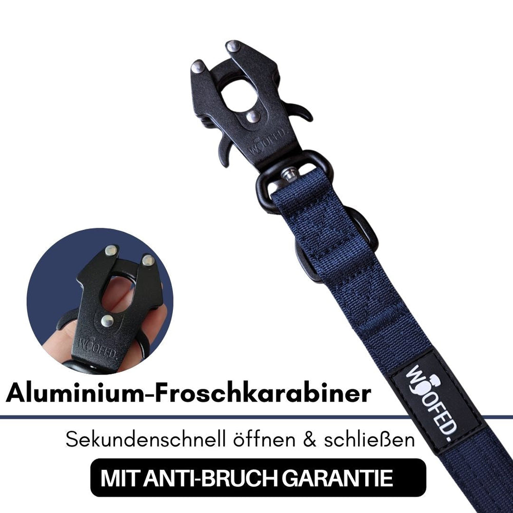 Führleine mit Aluminium-Froschkarabiner und blauen Riemen, schnell öffnend, inklusive Anti-Bruch-Garantie.