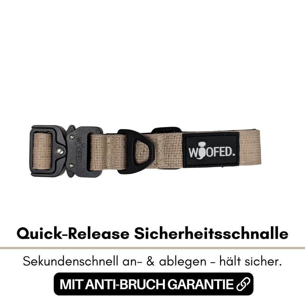 Beige Quick-Release Sicherheitsschnalle mit stabiler Klickverschluss und WOOFED Logo für Nylon Halsband mit Griff.