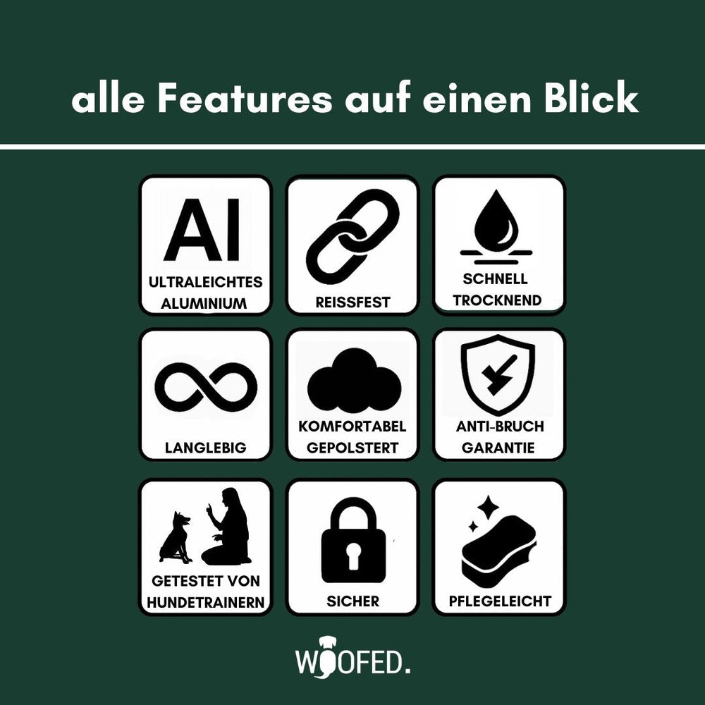 Übersicht von neun Symbolen für die Merkmale eines ultraleichten Nylon Halsbands mit Griff.