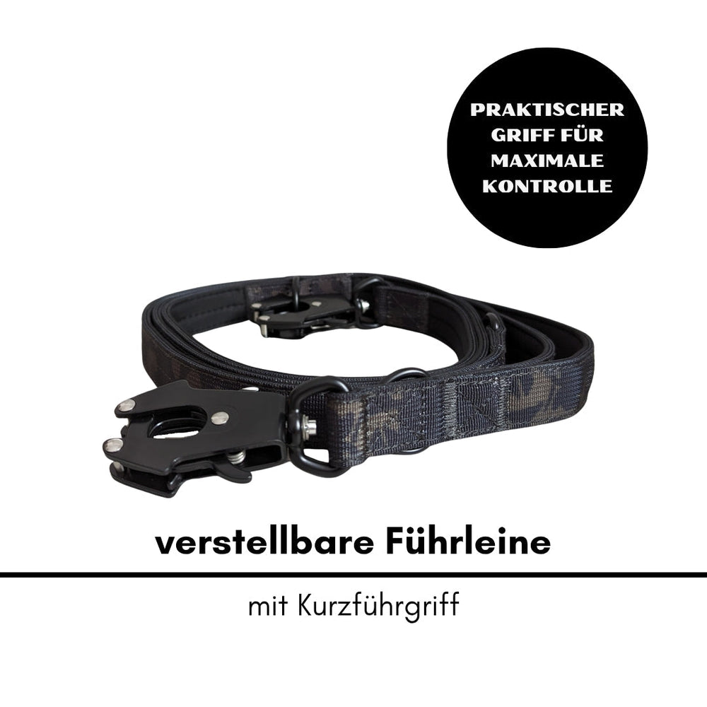 Schwarzes, verstellbares Nylon-Halsband-Leine-Set mit Kurzgriff und stabiler Verarbeitung für ultimativen Komfort.