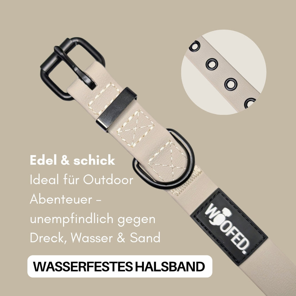 Verstellbares WOOFLEX® Classic Halsband in Beige für Outdoor-Abenteuer mit D-Ring und schwarzen Schnallen.