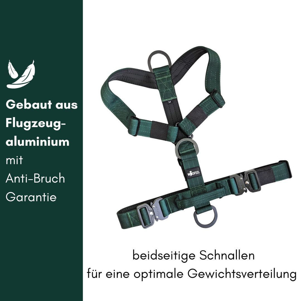 Y-Hundegeschirr aus Aluminium in olivgrün mit beidseitigen Schnallen für optimale Gewichtsverteilung und hohe Stabilität.