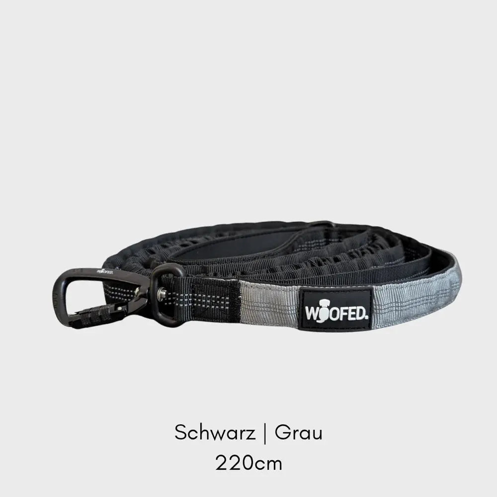 Robuste Jogging- und Wanderleine für Hunde in Schwarz-Grau mit Handschlaufe, 220 cm lang und stabiler Karabiner.