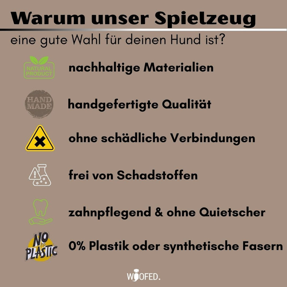 Nachhaltiges, handgefertigtes Hundespielzeug aus schadstofffreien Materialien ohne Plastik für optimale Zahnpflege.