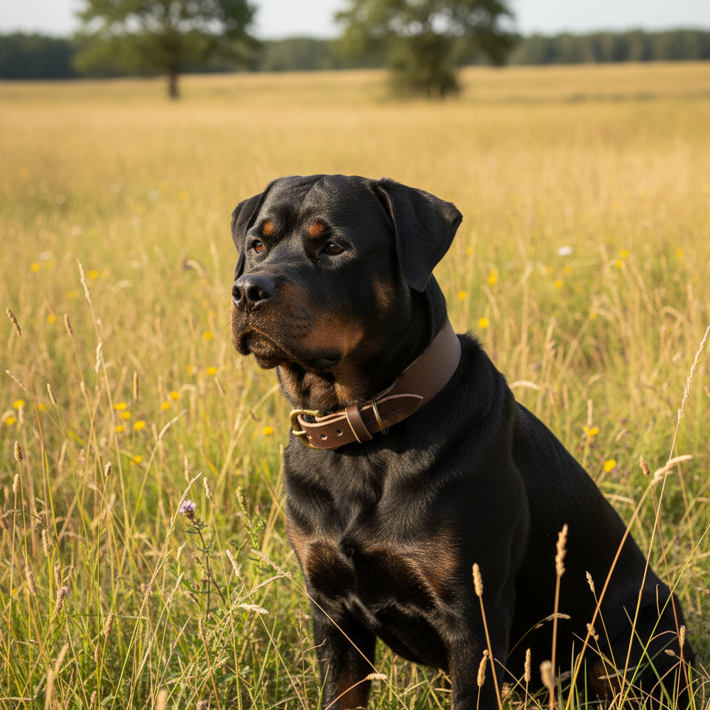 Rottweiler mit braunem Lederhalsband Waldgeist auf grüner Wiese mit Blumen und Bäumen im Hintergrund.