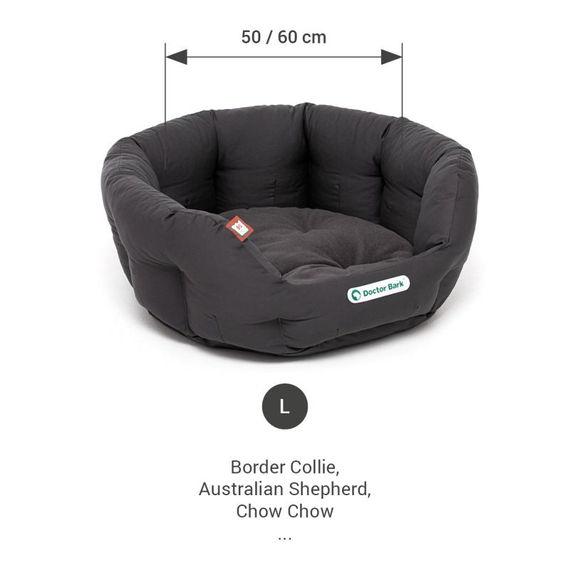 „Dunkelgraues orthopädisches Hundebett mit hohen Rändern, ideal zum Einkuscheln, Größe 50/60 cm.“