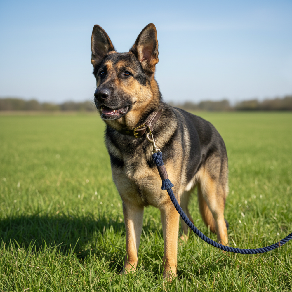 Deutscher Schäferhund auf grüner Wiese mit blauer Leine und Halsband vor klarem blauen Himmel.