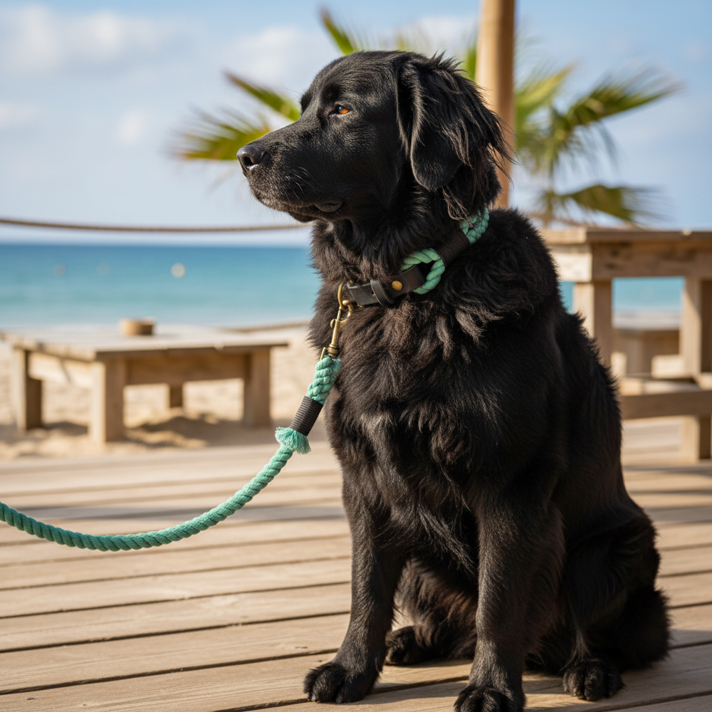 Schwarzer Hund mit grüner Leine sitzt entspannt auf einer Terrasse, im Hintergrund Strand und Palmen.